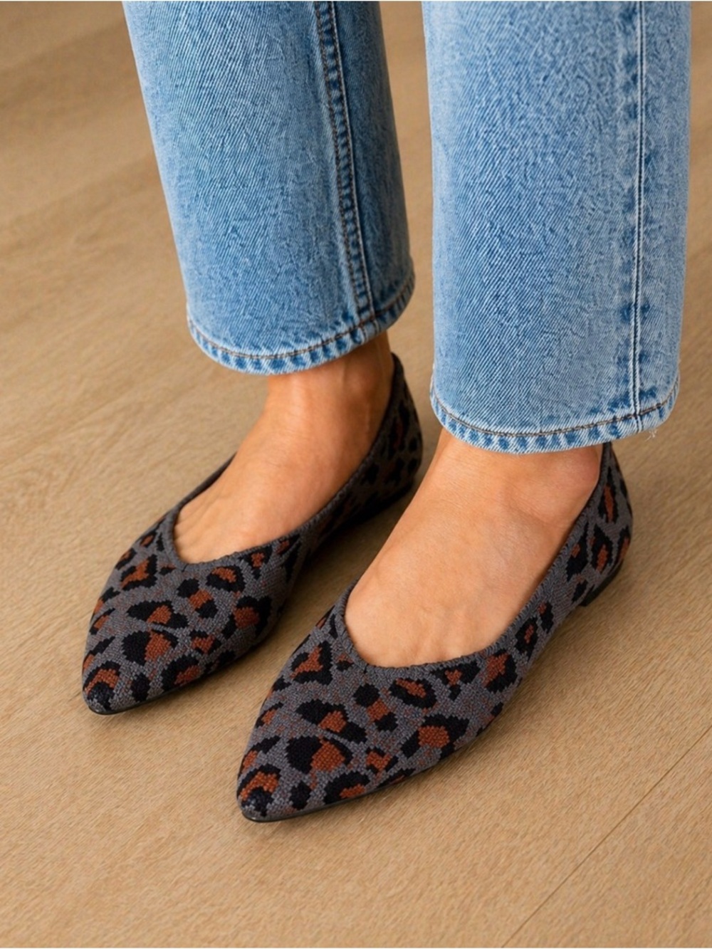 Shupua Leopard Knit Ballet Flats Size 10 Pointed Toe Comfortable Slip On Shoes